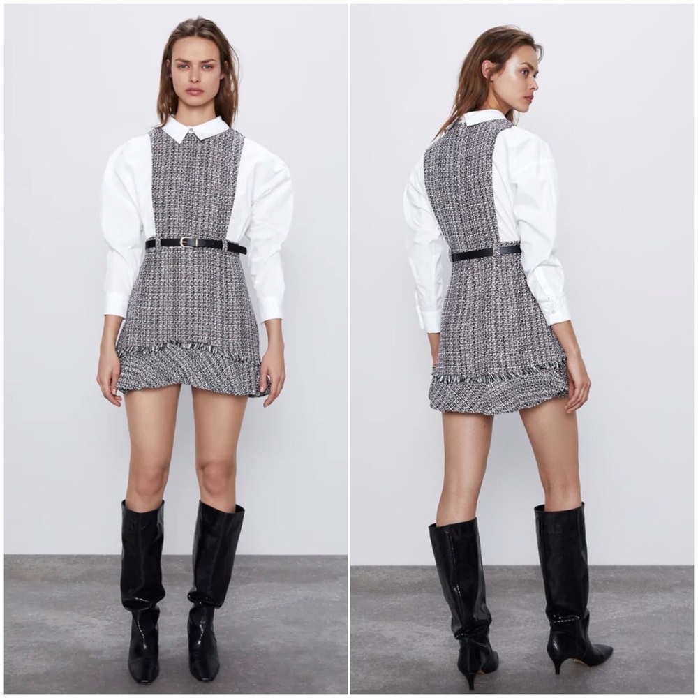 Zara Combined Pinafore Dress in Tweed - M